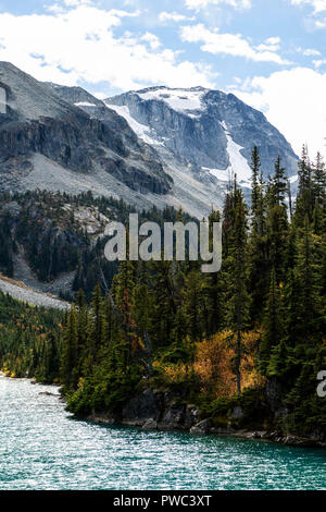 Obere joffre Lake Detailansicht mit Pinien und Schnee caped Berge in British Columbia Kanada Stockfoto