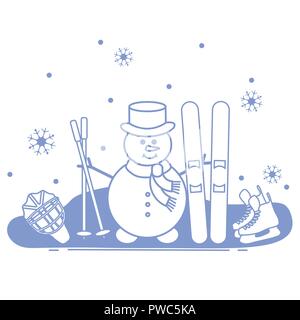 Winter im Freien genießen können. Schneemann mit Ski- und Hockey Ausrüstung. Vektor cartoon Skifahrer Symbol. Design für Werbung von aktiven Lebensstil. Stock Vektor