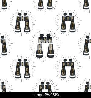 Lager Fernglas nahtlose Hintergrund. Camping Ausrüstung pattern Design. Mit Fernglas mit individuelles Angebot - Erforschen Sie innen und sunbursts. Vektor wallpaper isoliert auf weißem Stock Vektor