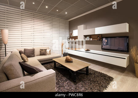 Elegantes Wohnzimmer Interieur mit hölzernen Tisch Stockfoto