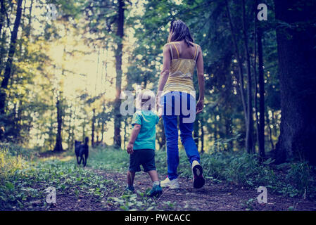 Ansicht von hinter einer jungen Mutter und Kind Gehen ein Hund über einen Fußweg im Wald mit Retro verblasst und getönten Wirkung. Stockfoto