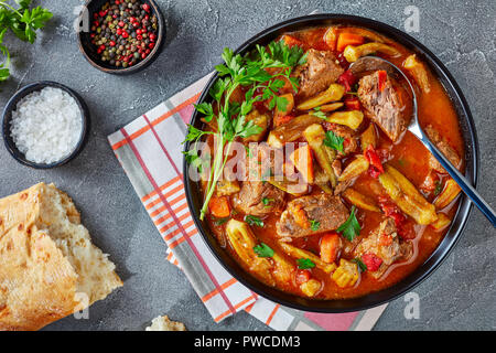 Nahaufnahme der Ansicht von köstlichen Rindfleisch und Okra Eintopf in einer Schüssel mit Löffel serviert, auf einer grauen Beton Tabelle mit Ciabatta Brot, flach Stockfoto