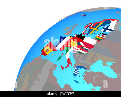 Schengen-raum Mitglieder mit eingebetteten nationale Flaggen auf der ganzen Welt. 3D-Darstellung. Stockfoto