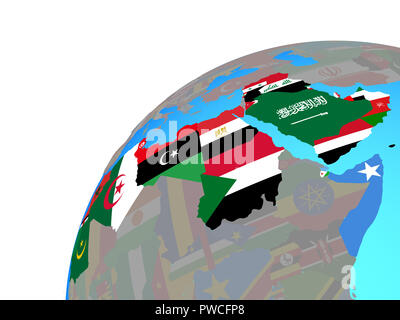 Arabische Liga mit eingebetteten nationale Flaggen auf der ganzen Welt. 3D-Darstellung. Stockfoto