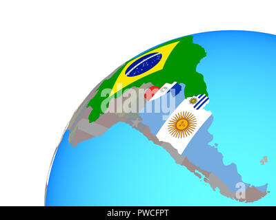 Mitglieder des Mercosur mit eingebetteten nationale Flaggen auf der ganzen Welt. 3D-Darstellung. Stockfoto