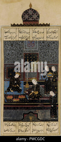 Folio aus der Khamsa (Quintett) von Nizami; Verso: Bahram Gur und die indische Prinzessin im schwarzen Pavillon, 1548 Stockfoto