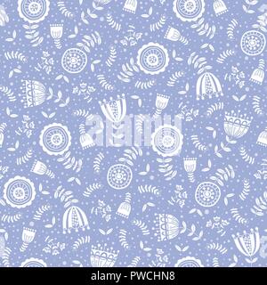 Folk weißen Blüten auf blauem Hintergrund Vektor nahtlose Muster. Hand-Drawn Delft blüht Textur. Traditionelle Schwarzweiß Flora. Florale skandinavischen Nord Stock Vektor