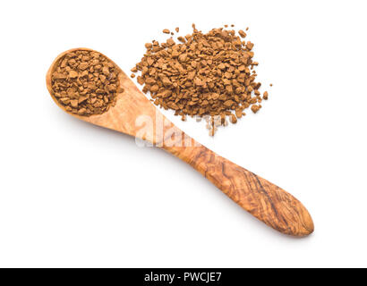 Die Instant Kaffee in hölzernen Löffel auf weißem Hintergrund. Stockfoto
