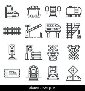 Regen- und Eisenbahnen Icon Set. Intercity, internationale Güterzüge, lineare Symbole Stock Vektor