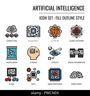 Künstliche Intelligenz, Pixel Perfect füllen Übersicht Symbol auf weißem Hintergrund Stock Vektor