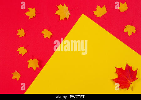 Herbst Komposition. Rahmen aus Herbst Ahorn Blätter zu den roten und gelben Hintergrund Stockfoto