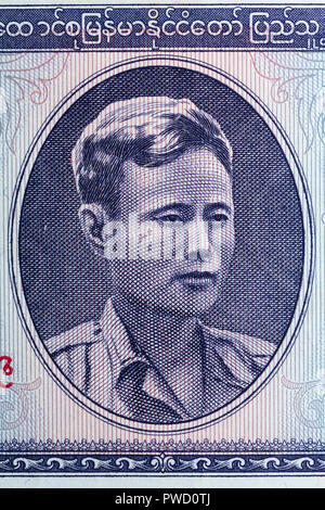 Portrait von General Aung San vom 1 kyat Banknote, Myanmar Stockfoto