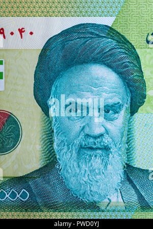 Portrait von Ayatollah Ruhollah Khomeini aus 10000 rial Banknote, Iran, 2017 Stockfoto