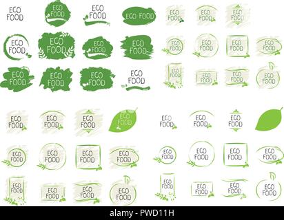 Große Sammlung Eco Lebensmitteletiketten und hochwertiges Produkt Abzeichen. Bio gesunde organische, 100 Bio und natürliches Produkt, das Symbol. Embleme für Cafe, Verpackung etc. Vector Stock Vektor