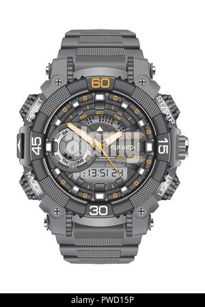 Realistische clock Watch Sport digital Chronograph Grau für Männer design Moderne auf weißem Hintergrund Vector Illustration. Stock Vektor