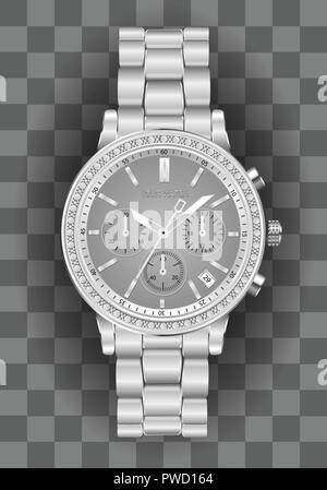 Realistische clock Chronograph für Herren Silber Diamond mit grauer Stirnfläche auf kariertem Hintergrund luxus Vector Illustration. Stock Vektor