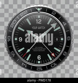 Realistische watch clock Chronograph Edelstahl Zifferblatt schwarz auf kariertem Muster Hintergrund Vector Illustration Gesicht. Stock Vektor