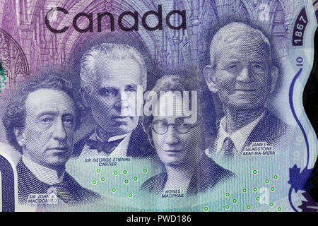 Portrait von John A. Macdonald, Agnes Macphail, George-Etienne Cartier, James Gladstone von 10 Dollar Banknote, Kanada, 2017 Stockfoto