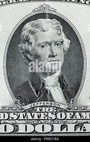 Portrait von Thomas Jefferson aus 2 Dollar Banknote, USA, 1995 Stockfoto