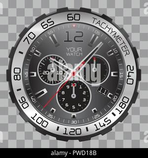 Realistische watch clock Chronograph Edelstahl Zifferblatt schwarz auf kariertem Muster Hintergrund Vector Illustration Gesicht. Stock Vektor