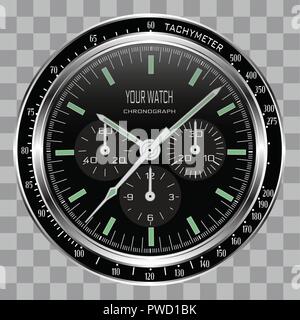 Realistische watch clock Chronograph Edelstahl Zifferblatt schwarz auf kariertem Muster Hintergrund Vector Illustration Gesicht. Stock Vektor