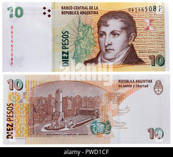 10 Pesos Banknote, Manuel Belgrano, Nationalflagge Memorial, Argentinien Stockfoto