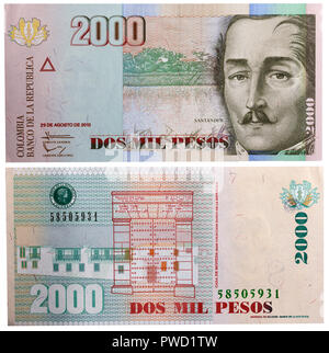 2000 Pesos Banknote, Francisco de Paula Santander, Kolumbien, 2013 Stockfoto