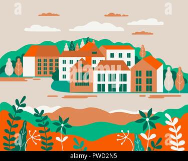 Dorf Landschaft flach Vector Illustration. Gebäude, Hügel, See, Blumen und Bäumen, abstrakten Hintergrund für header Bilder für Websites, Banner, Co Stock Vektor