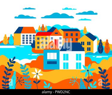 Dorf Landschaft flach Vector Illustration. Gebäude, Hügel, See, Blumen und Bäumen, abstrakten Hintergrund für header Bilder für Websites, Banner, Co Stock Vektor