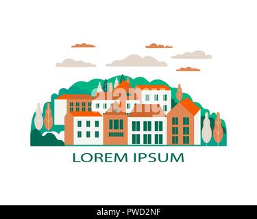 Dorf Landschaft flach Vector Illustration. Gebäude, Hügel, See, Blumen und Bäumen, abstrakten Hintergrund für header Bilder für Websites, Banner, Co Stock Vektor