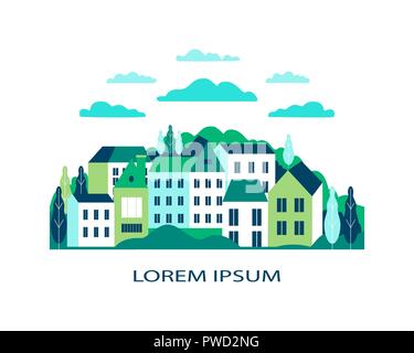 Dorf Landschaft flach Vector Illustration. Gebäude, Hügel, See, Blumen und Bäumen, abstrakten Hintergrund für header Bilder für Websites, Banner, Co Stock Vektor