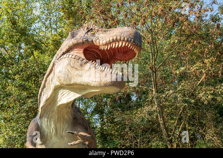 Großes Modell der prähistorischen Dinosaurier wie Tyrannosaurus rex hautnah. sonnigen Tag. Stockfoto