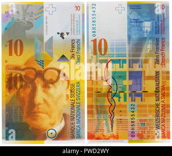 10 Francs Banknote, Le Corbusier, Schweiz, 1997 Stockfoto