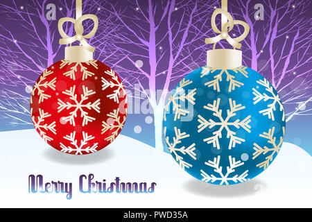 Retro Christbaumkugeln in rot und blau mit goldenen Designelemente auf verschneiten Landschaft mit Schneeflocken und Sternen und Text Frohe Weihnachten Stockfoto