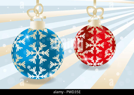 Realistische Christbaumkugeln in Blau und Rot mit goldenen Verzierungen auf Retro Hintergrund mit Sternen und Schneeflocken, ohne Text Stockfoto