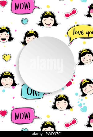Mädchen Banner mit Anime emoji Muster. Süße Aufkleber mit emotico Stock Vektor