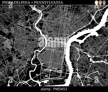 Einfache Karte von Philadelphia, Pennsylvania, USA. Schwarze und weiße Version für saubere Hintergründe und druckt. Diese Karte von Philadelphia enthält drei Marke Stock Vektor