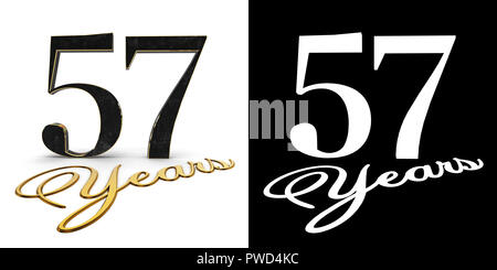 Goldene Zahl 50 Sieben (Nummer 57) und die Inschrift Jahre mit Schlagschatten und Alpha Kanal. 3D-Darstellung. Stockfoto