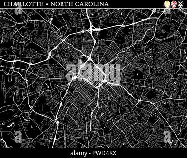 Einfache Karte von Charlotte, North Carolina, USA. Schwarze und weiße Version für saubere Hintergründe und druckt. Diese Karte von Charlotte enthält drei Marker w Stock Vektor