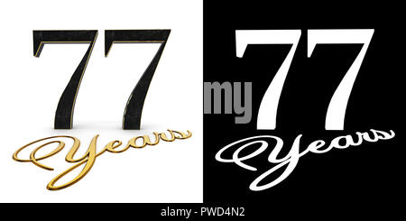 Goldene Zahl 77 (Nummer 77) und die Inschrift Jahre mit Schlagschatten und Alpha Kanal. 3D-Darstellung. Stockfoto