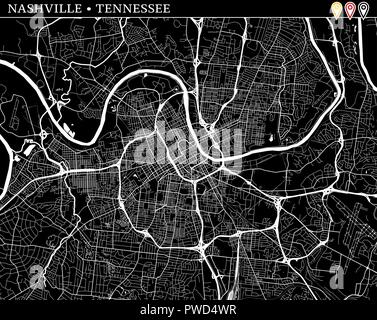 Einfache Karte von Nashville, Tennessee, USA. Schwarze und weiße Version für saubere Hintergründe und druckt. Diese Karte von Nashville enthält drei Markierungen, die Ar Stock Vektor