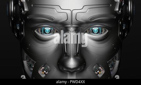 Futuristische Roboter Gesicht. Detailansicht. Auf schwarzem Hintergrund isoliert. 3D-Render. Stockfoto