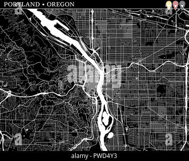 Einfache Karte von Portland, Oregon, USA. Schwarze und weiße Version für saubere Hintergründe und druckt. Diese Karte von Portland enthält drei Markierungen, die gro Stock Vektor