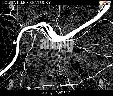 Einfache Karte von Louisville, Kentucky, USA. Schwarze und weiße Version für saubere Hintergründe und druckt. Diese Karte von Louisville enthält drei Markierungen, die eine Stock Vektor