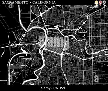 Einfache Karte von Sacramento, Kalifornien, USA. Schwarze und weiße Version für saubere Hintergründe und druckt. Diese Karte von Sacramento enthält drei Markierungen, Stock Vektor