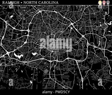 Einfache Karte von Raleigh, North Carolina, USA. Schwarze und weiße Version für saubere Hintergründe und druckt. Diese Karte von Raleigh enthält drei Markierungen, die eine Stock Vektor