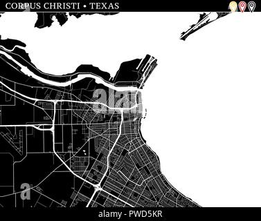 Einfache Karte von Corpus Christi, Texas, USA. Schwarze und weiße Version für saubere Hintergründe und druckt. Diese Karte von Corpus Christi enthält drei Markierungen Stock Vektor