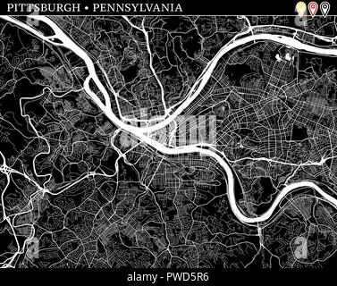 Einfache Karte von Pittsburgh, Pennsylvania, USA. Schwarze und weiße Version für saubere Hintergründe und druckt. Diese Karte von Pittsburgh enthält drei Marker w Stock Vektor