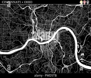 Einfache Karte von Cincinnati, Ohio, USA. Schwarze und weiße Version für saubere Hintergründe und druckt. Diese Karte von Cincinnati enthält drei Markierungen, die g Stock Vektor