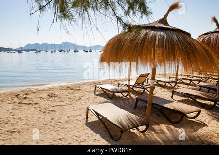 Leere Liegestühle und Sonnenschirme am Strand von Port de Pollenca, Mallorca Stockfoto